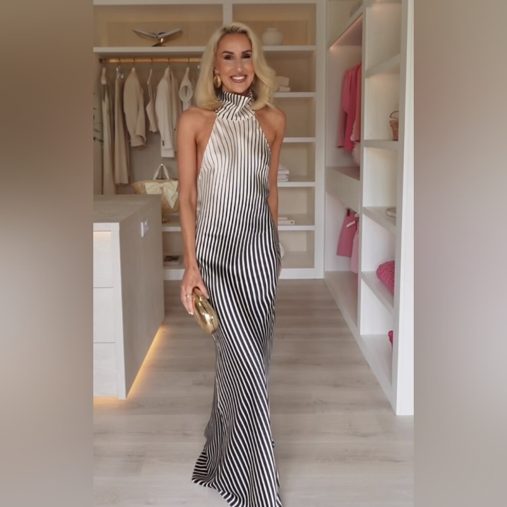 Zara Black and White Striped Satin Halter Maxi Dress